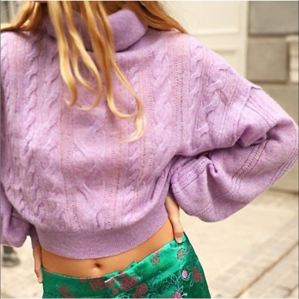 Free People Cashmere Blend Cable Knit Cropped Turtleneck Sweater Purple M Light - Picture 4 of 9